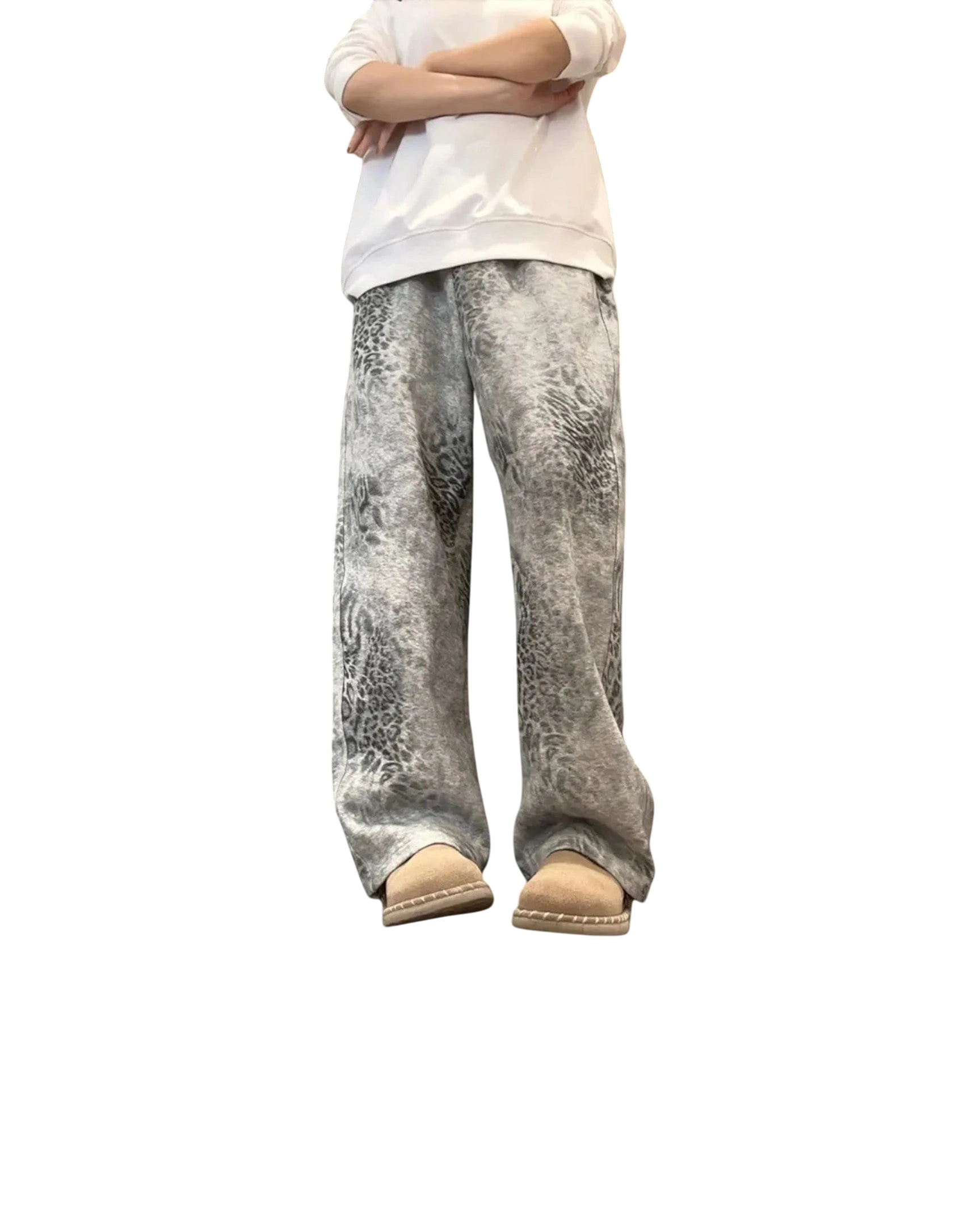Vicious Frost Leopard sweatpants in grey and white cotton fleece with a flared leg fit and side pockets.