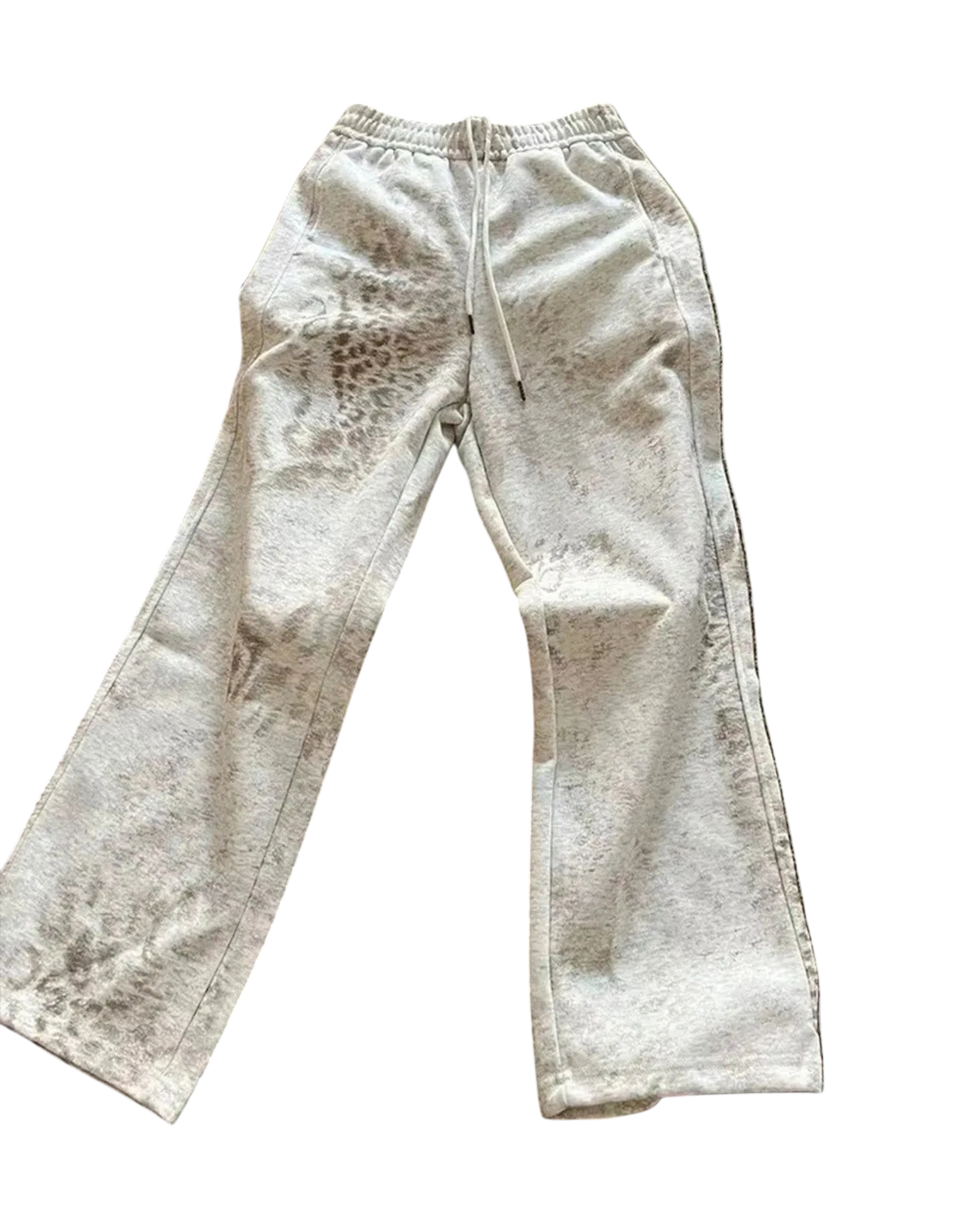 Vicious Frost Leopard sweatpants in grey and white cotton fleece with a flared leg, drawstring waist, and side pockets