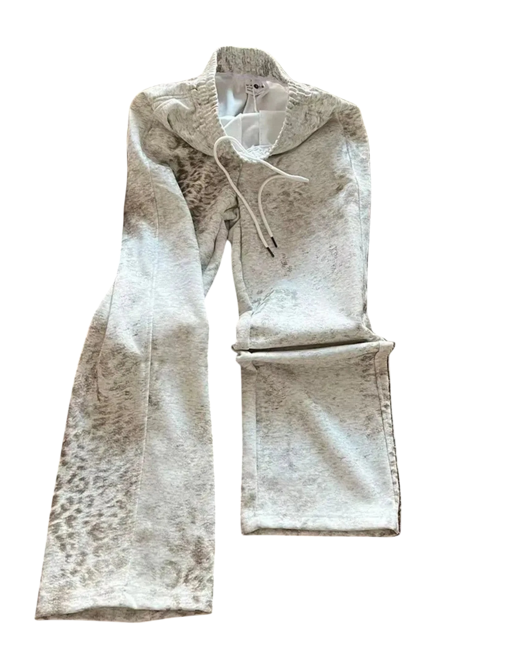 Vicious Frost Leopard sweatpants in grey and white cotton fleece with a flared leg, drawstring waist, and side pockets.