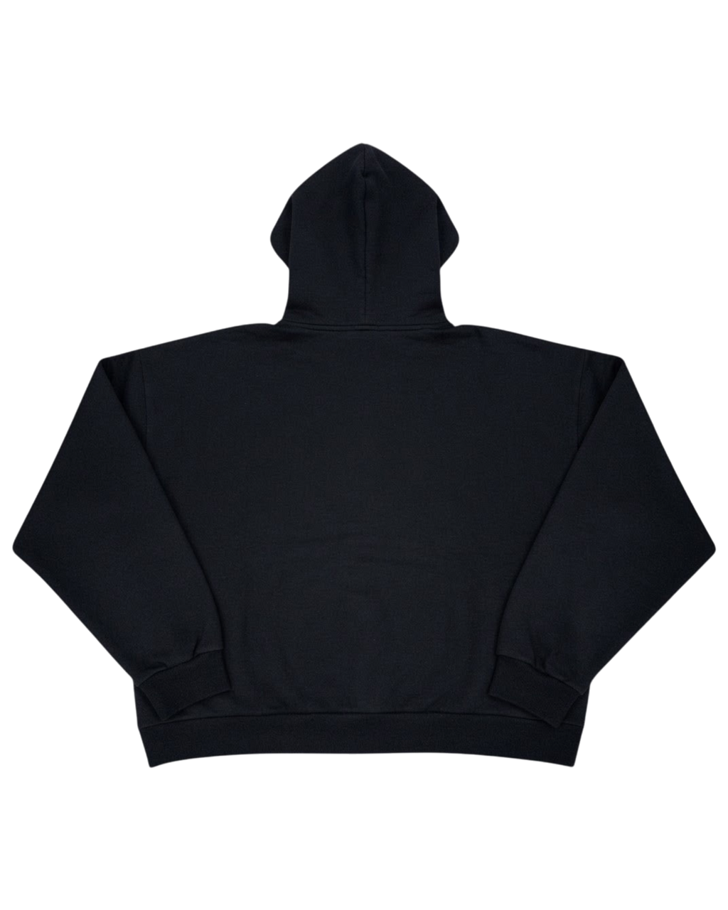 Back view of a plain black Vicious Gallery Hoodie in a relaxed fit made from a cotton and polyester blend.