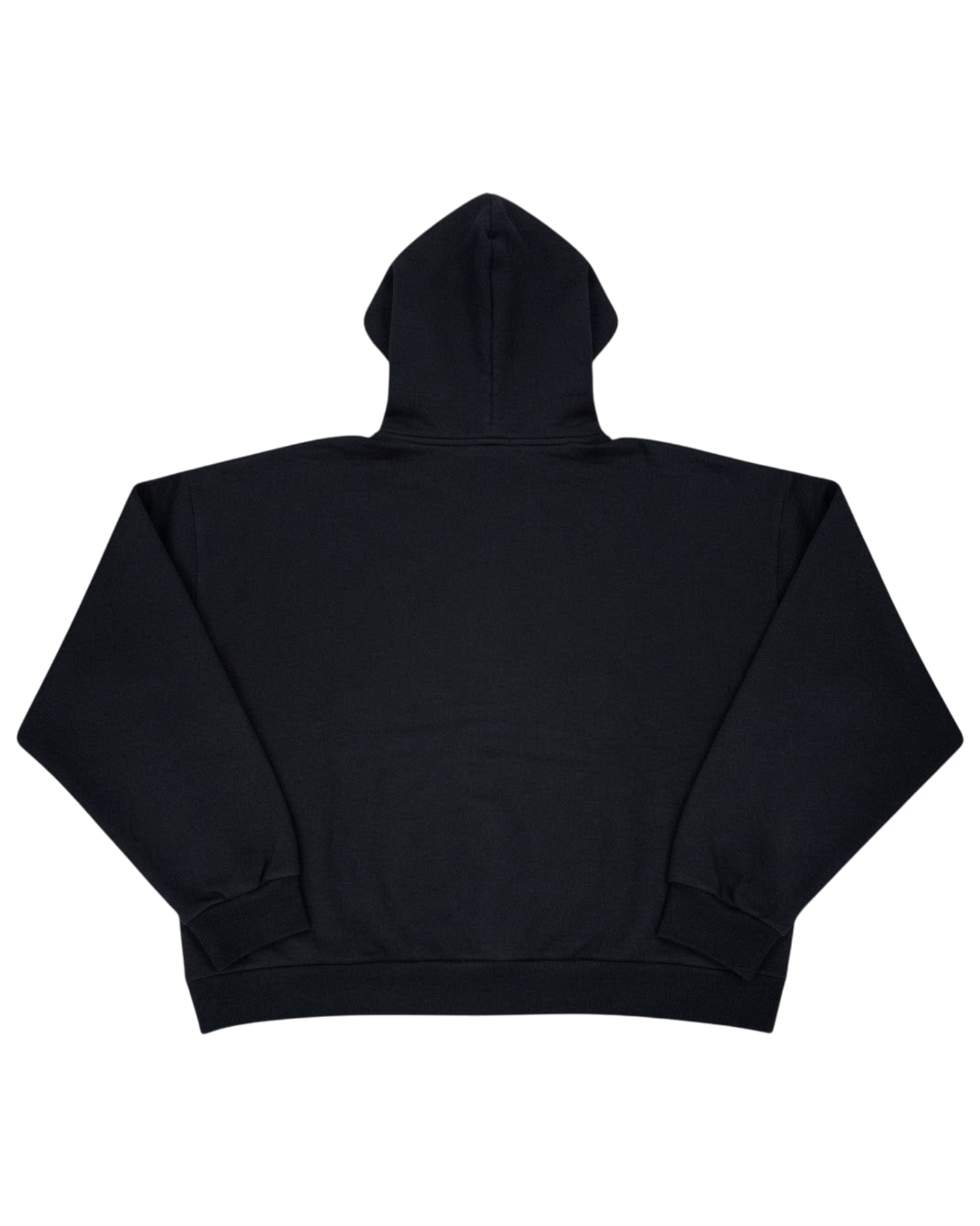 Back view of a plain black Vicious Gallery Hoodie in a relaxed fit made from a cotton and polyester blend.