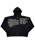 Vicious Gallery Hoodie in black cotton blend with a relaxed fit and white multi-line text print on the front.