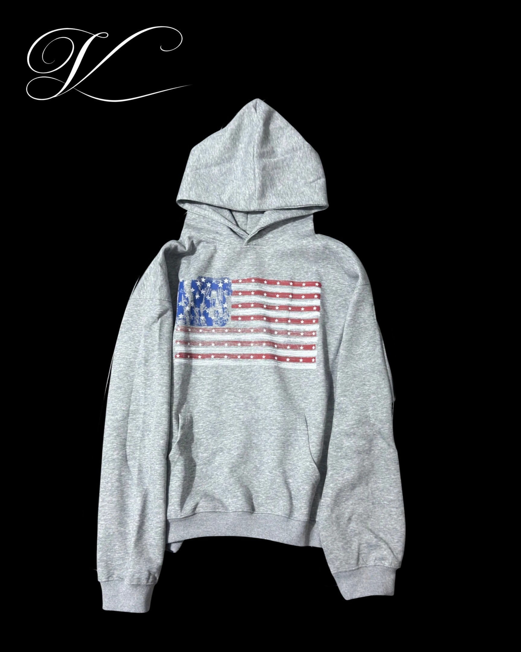 Vicious Flag Print Hoodie aus grauer Baumwolle mit Kapuze, Kängurutasche und US-Flaggen-Print auf der Brust