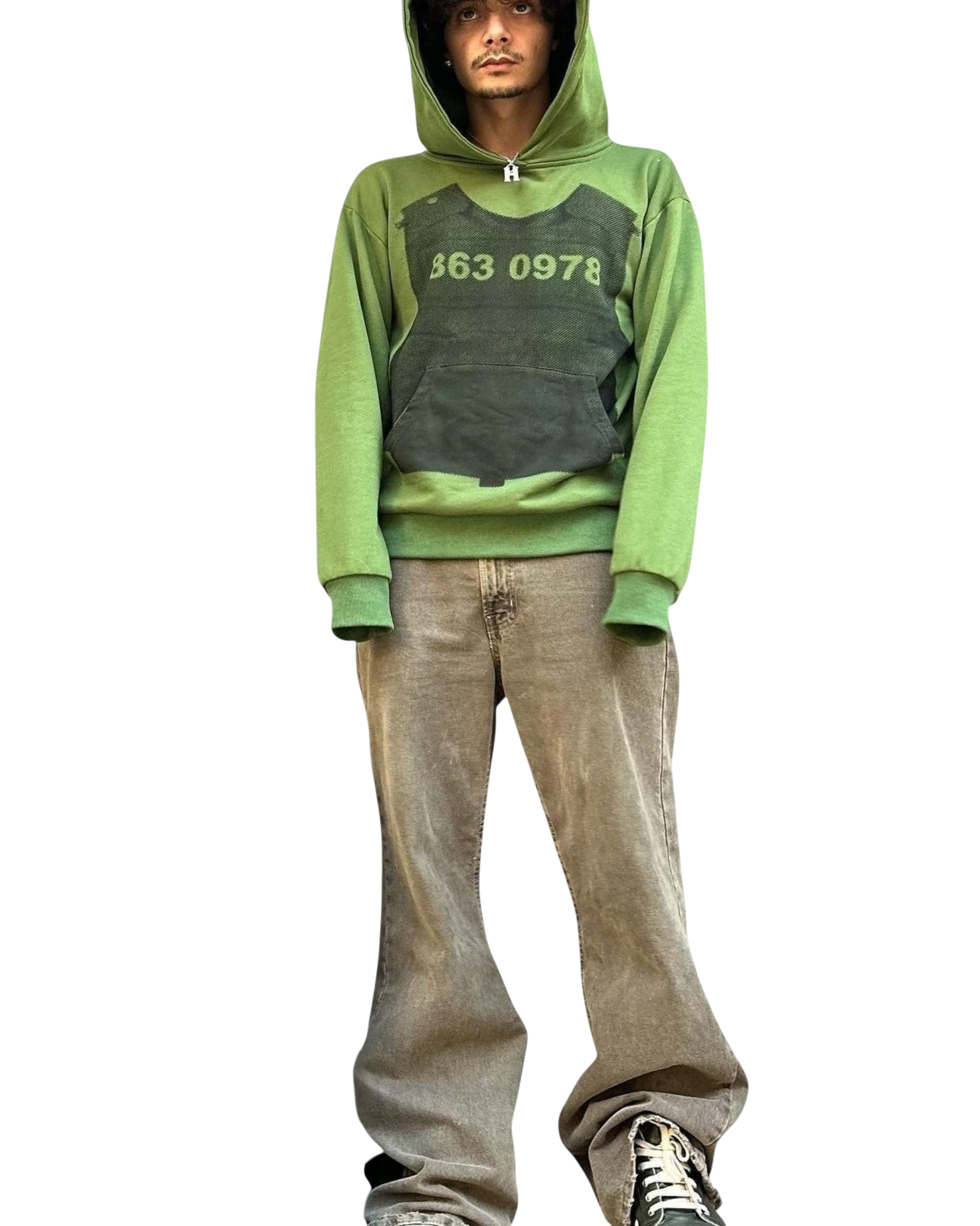 Vicious green hoodie with a black body armor graphic and numeric print worn by a model with baggy brown jeans