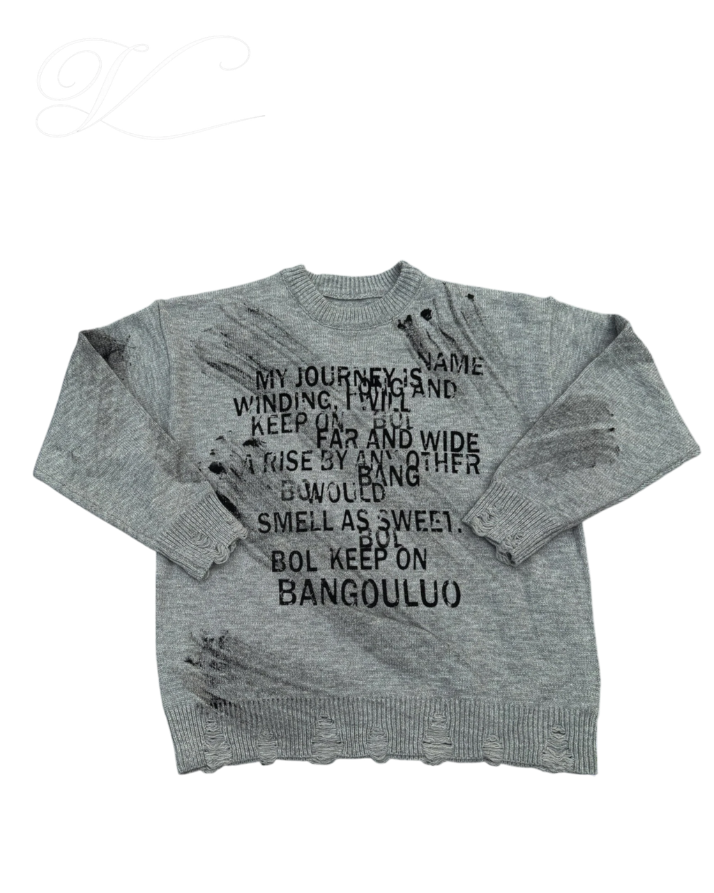 Vicious grey crew neck sweater with distressed details and black letter jacquard print in a vintage lazy style