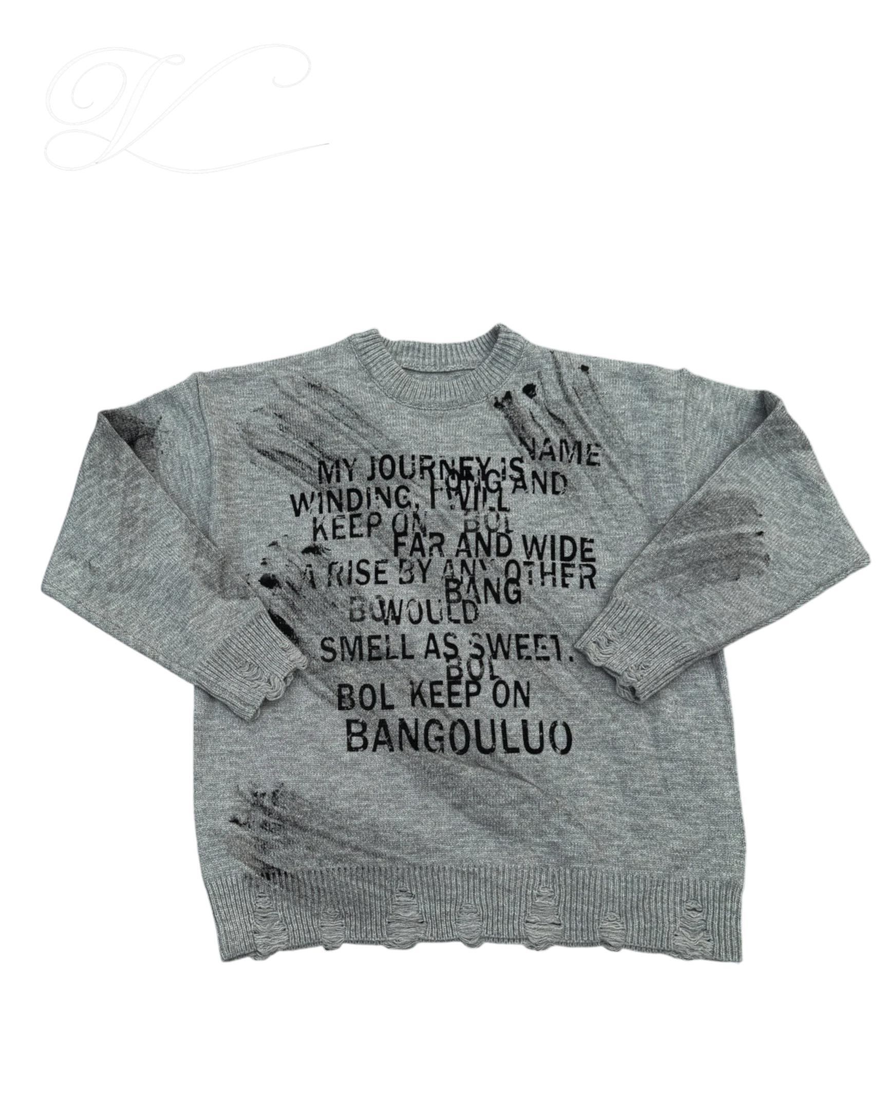 Vicious grey crew neck sweater with distressed details and black letter jacquard print in a vintage lazy style