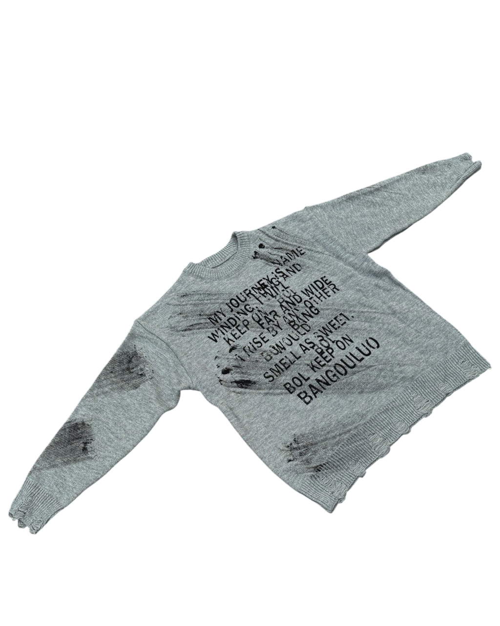 Vicious grey vintage-style crew neck sweater with distressed details and black letter jacquard text print