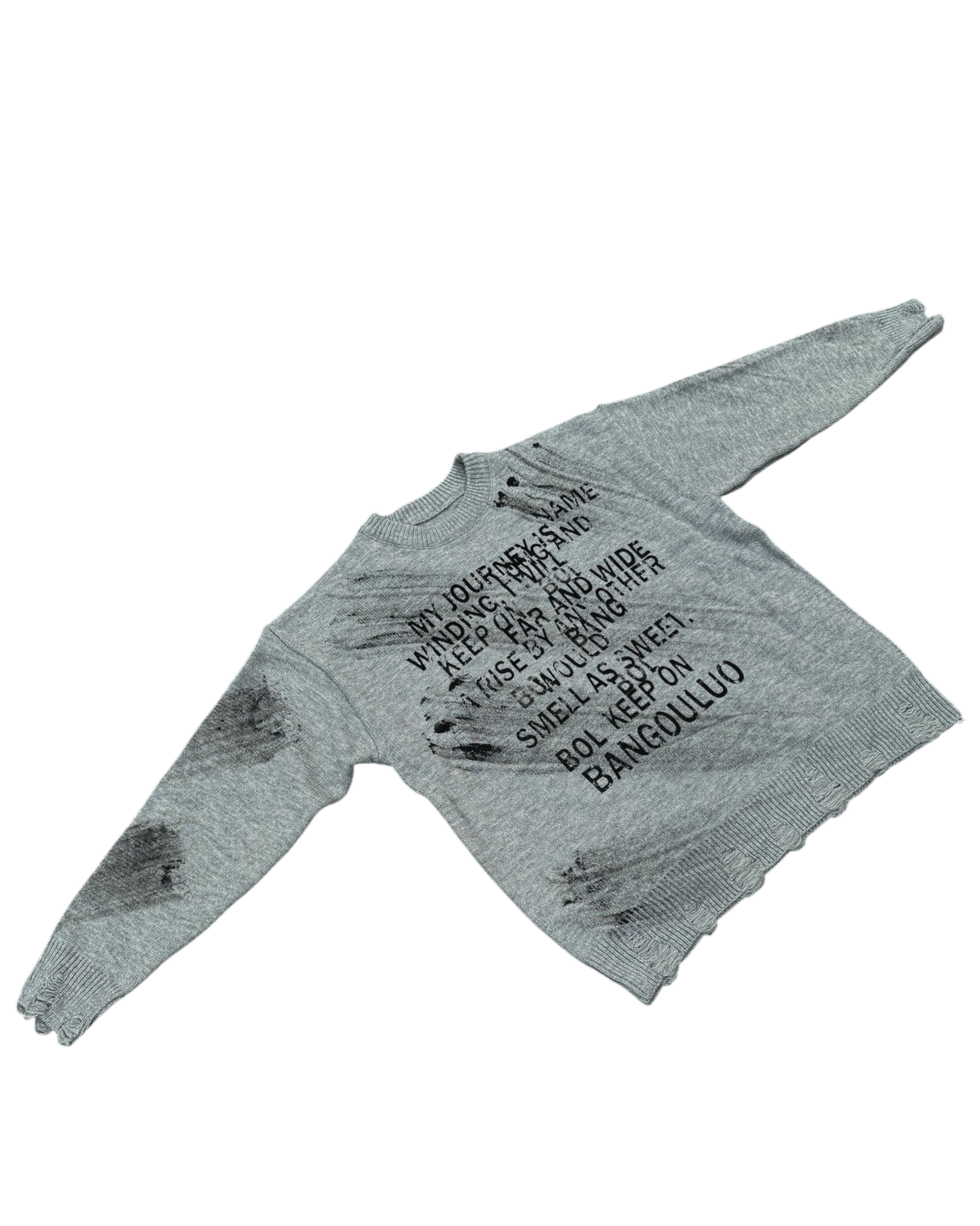 Vicious grey vintage-style crew neck sweater with distressed details and black letter jacquard text print