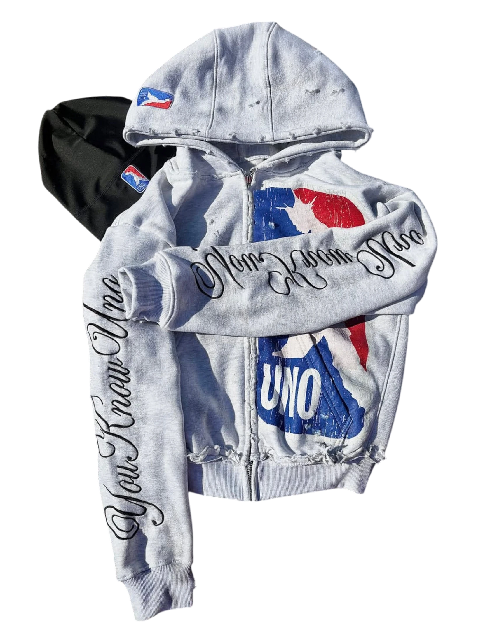 Vicious grey distressed zip-up hoodie with vintage NBA-inspired graphics and embroidered script on the sleeves.