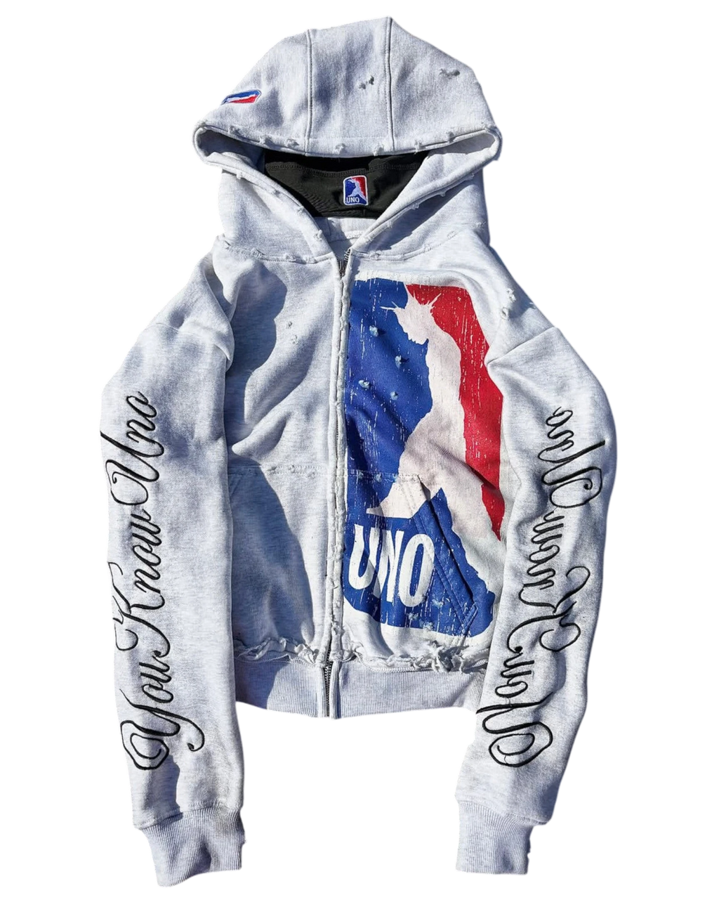 Vicious grey vintage distressed zip-up hoodie featuring a deconstructed NBA-style graphic and embroidered sleeves.