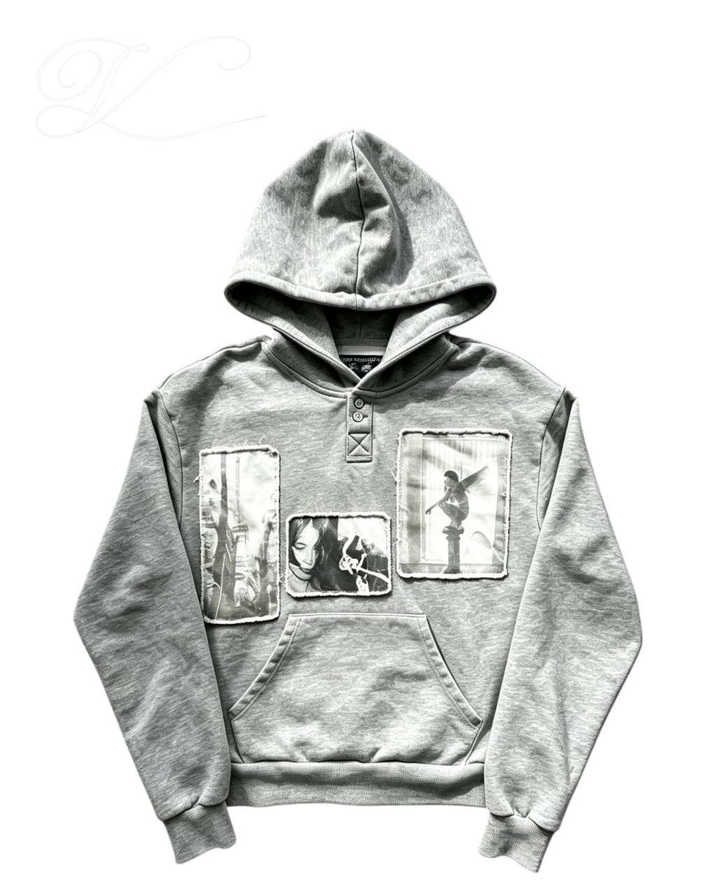 Vicious grey washed short wide-width hooded sweatshirt with vintage button placket and photographic patch appliqués