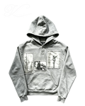 Vicious grey washed short wide-width hooded sweatshirt with vintage button placket and photographic patch appliqués