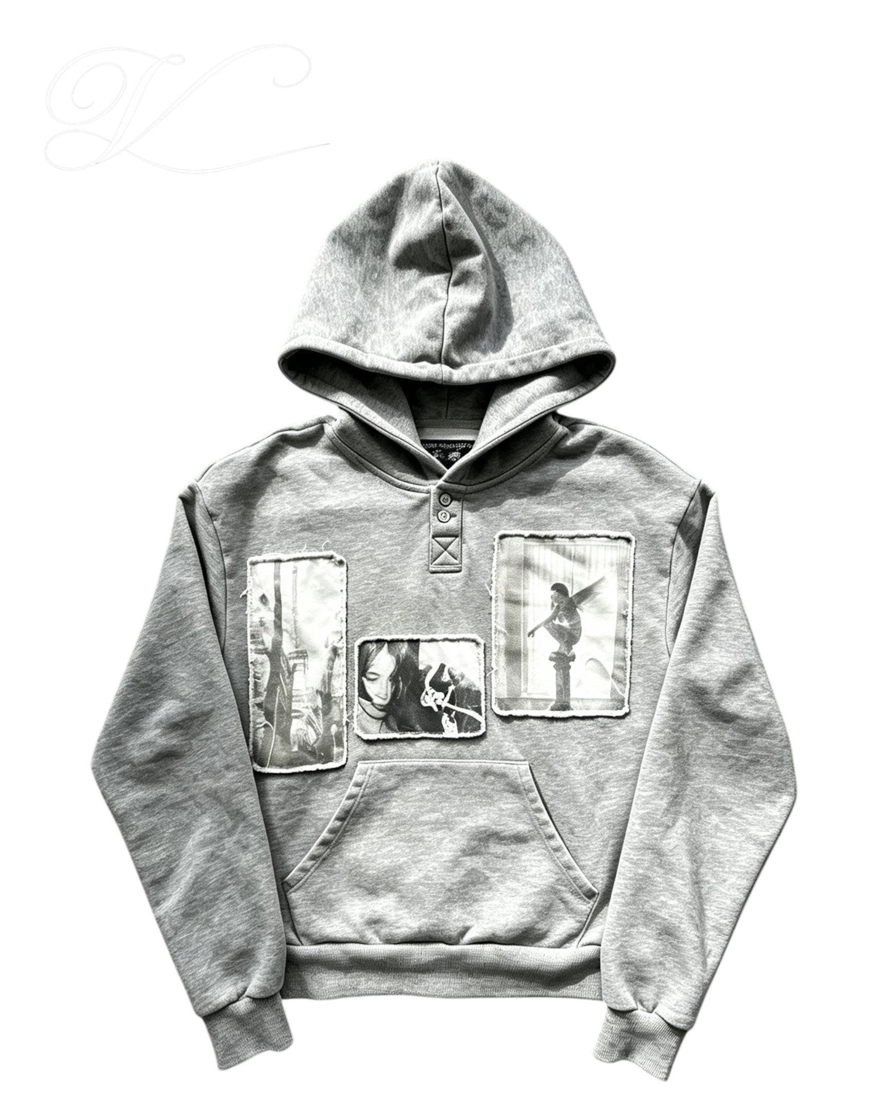 Vicious grey washed short wide-width hooded sweatshirt with vintage button placket and photographic patch appliqués