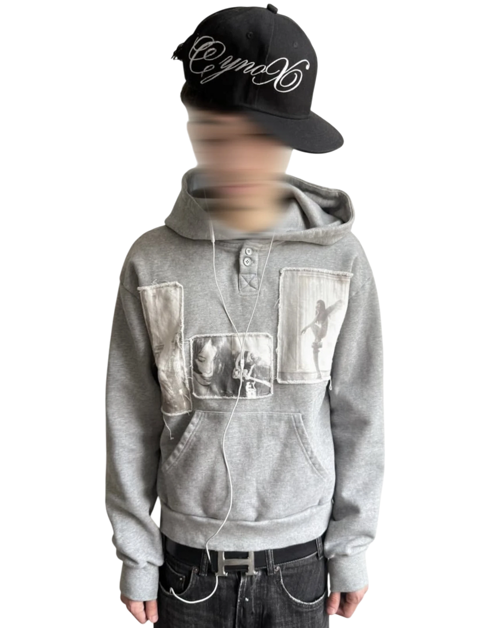 Vicious grey washed wide-fit hooded sweatshirt with vintage button placket, patchwork appliqué, and raw edges