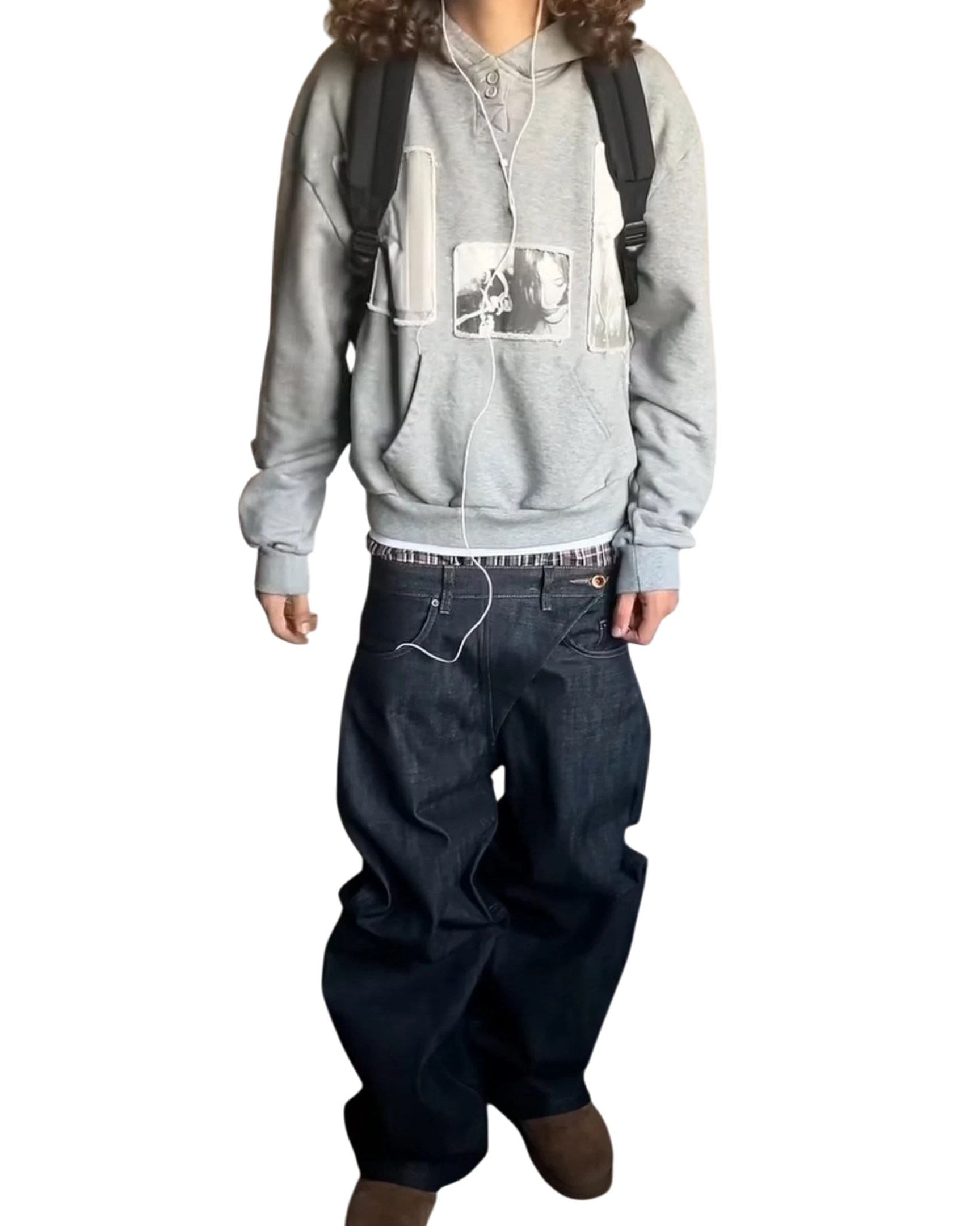 Vicious grey washed wide-width hooded sweatshirt with patchwork, appliqué, and vintage button details on a model.