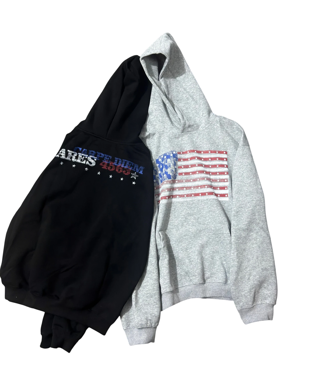Vicious heavyweight hooded sweatshirts in black with letter print and grey with American flag graphic design