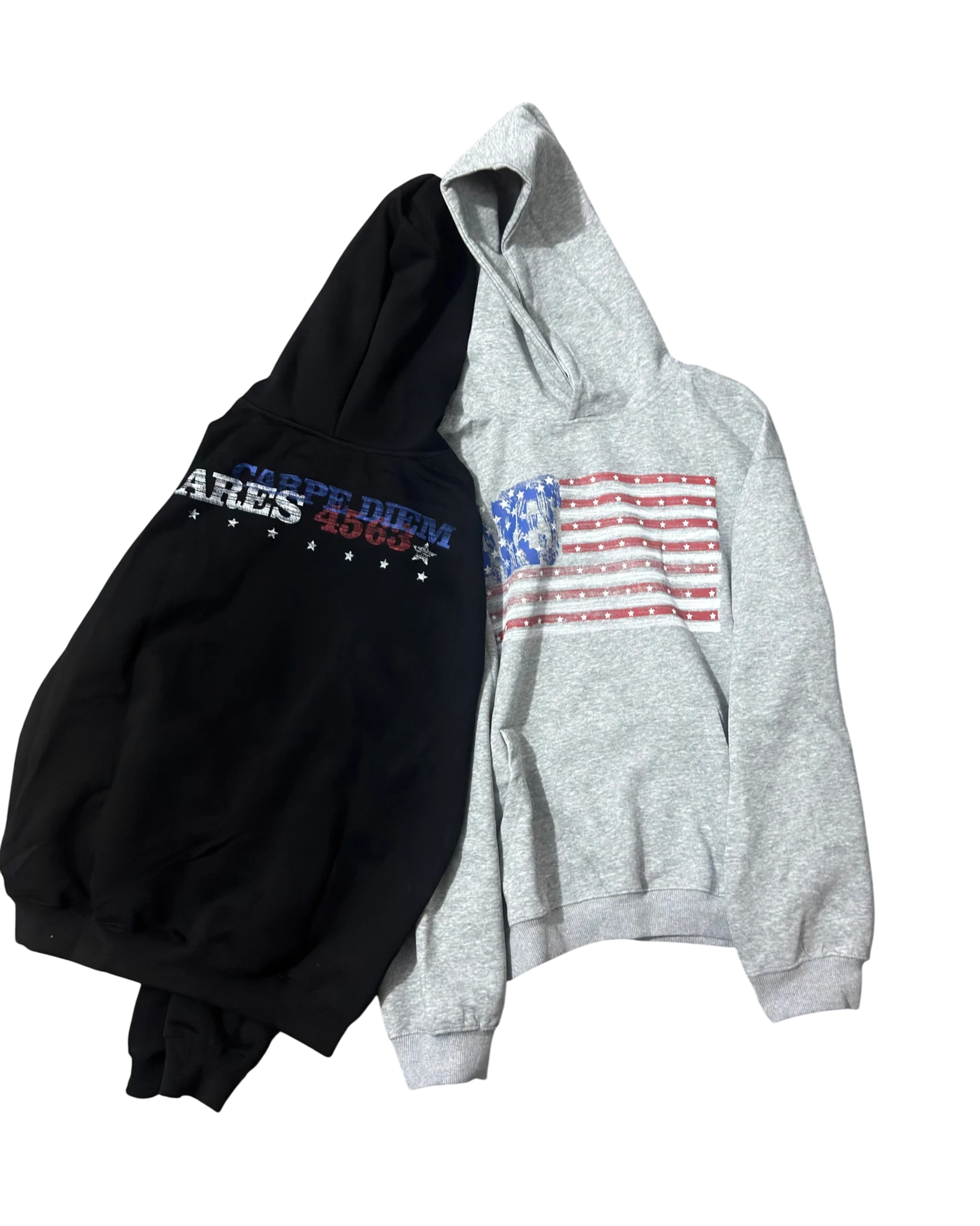 Vicious heavyweight hooded sweatshirts in black with letter print and grey with American flag graphic design