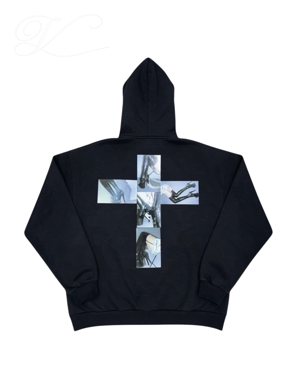 Vicious High Cross hoodie in black cotton blend featuring a back graphic of a cross made from high heel shoe photos