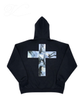Vicious High Cross hoodie in black cotton blend featuring a back graphic of a cross made from high heel shoe photos