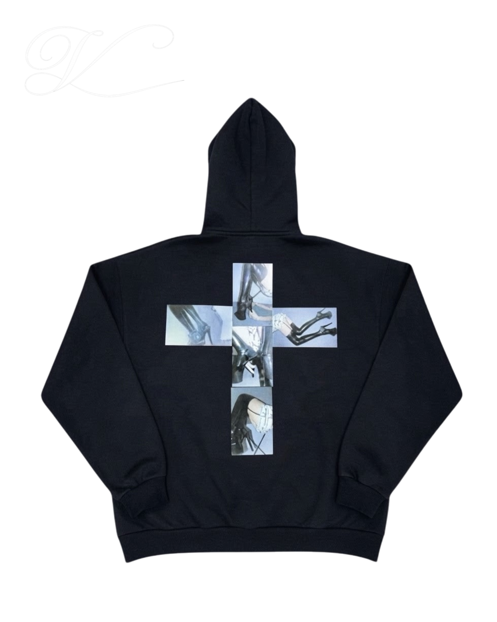 Vicious High Cross hoodie in black cotton blend featuring a back graphic of a cross made from high heel shoe photos