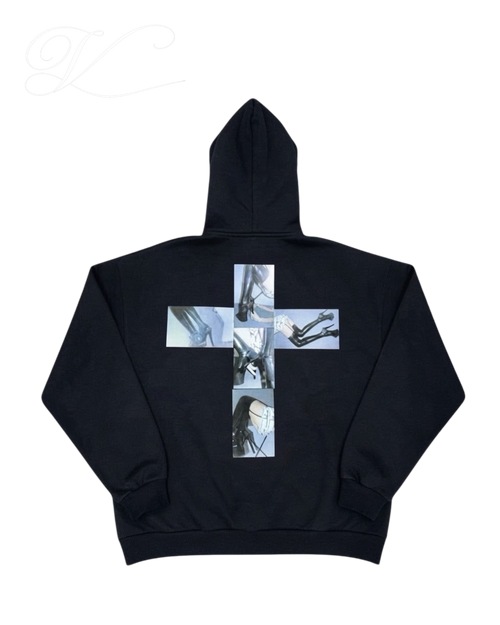 Vicious High Cross hoodie in black cotton blend featuring a back graphic of a cross made from high heel shoe photos