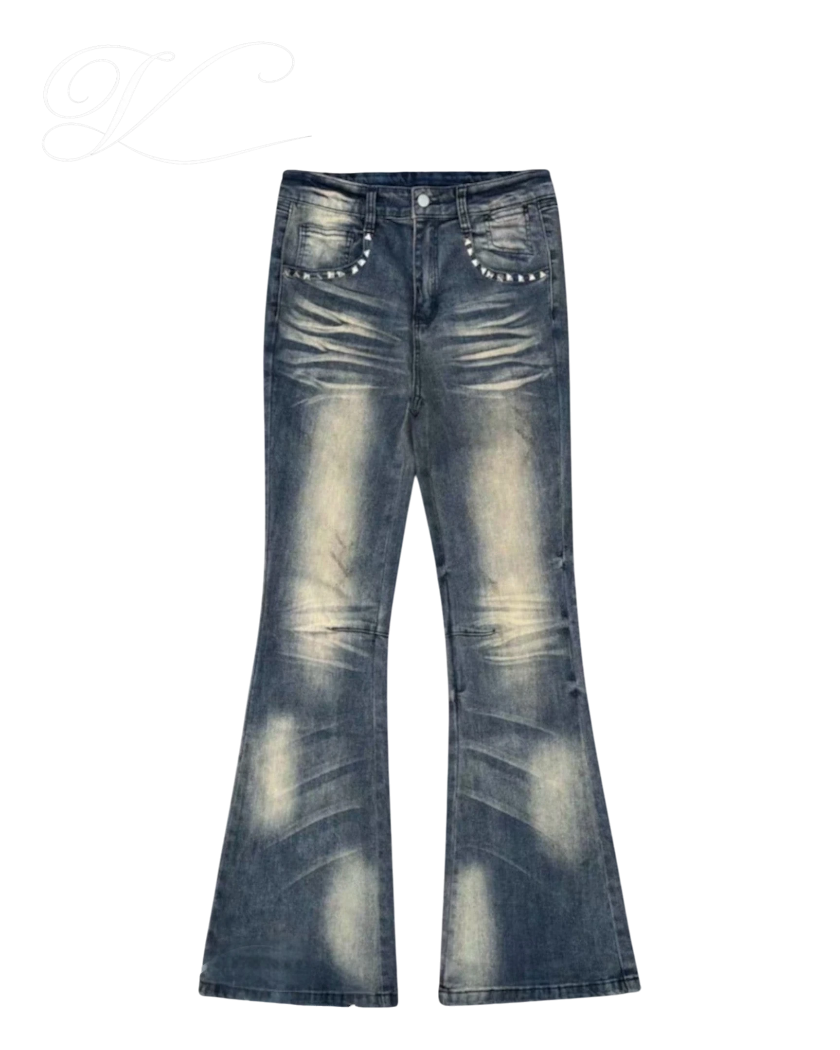 Vicious high-rise flared denim jeans in blue with a heavy fade wash, whisker effects, and rivet pocket details.