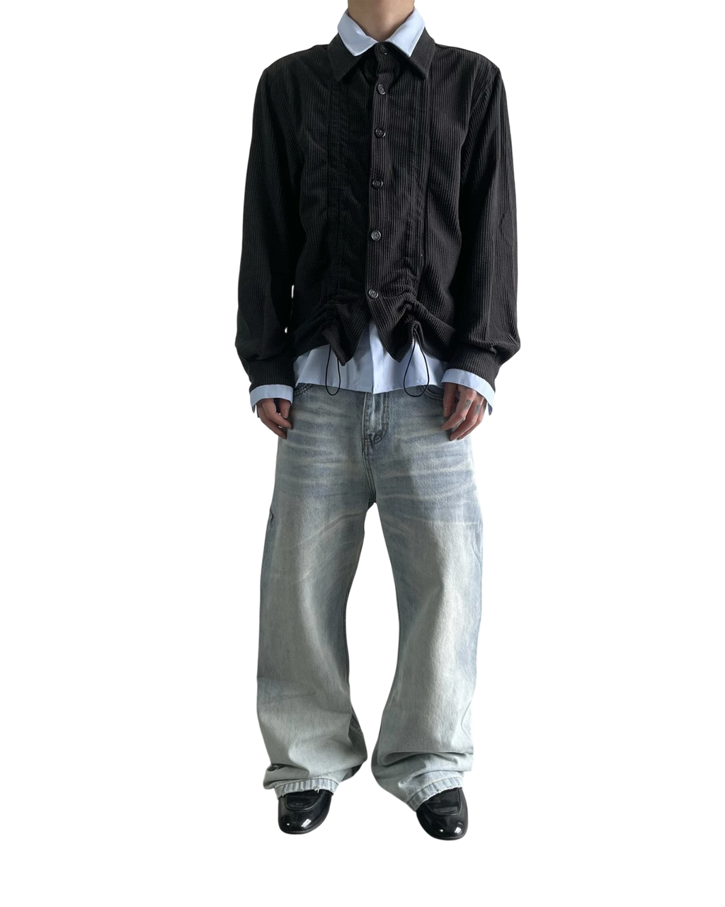 Vicious NIETPXFO ice blue vintage wash wide-leg jeans with cat whisker fading worn with a black corduroy shirt