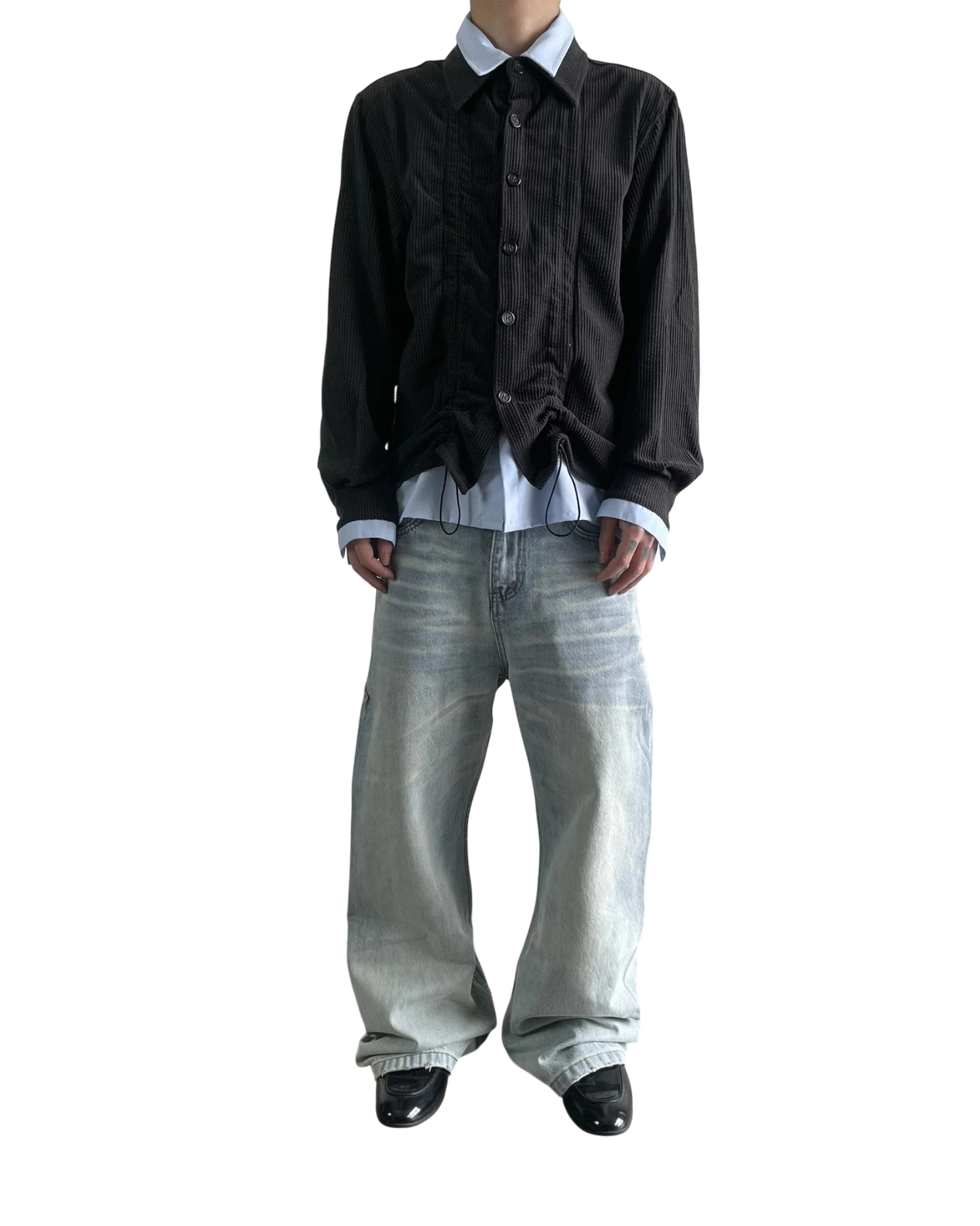 Vicious NIETPXFO ice blue vintage wash wide-leg jeans with cat whisker fading worn with a black corduroy shirt