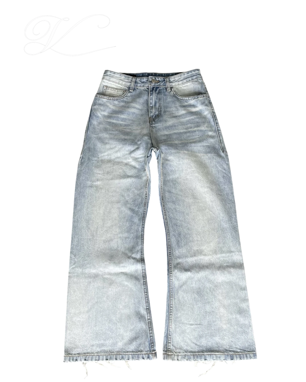 Vicious washed ice blue vintage wide-leg jeans with natural cat whisker fading and a raw hem finish