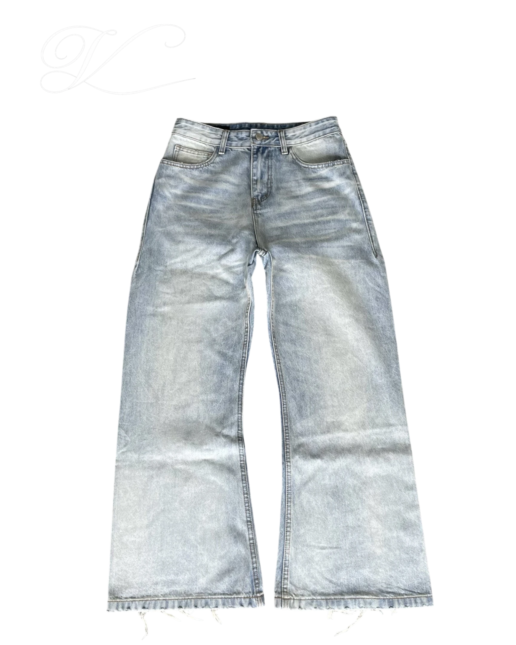 Vicious washed ice blue vintage wide-leg jeans with natural cat whisker fading and a raw hem finish