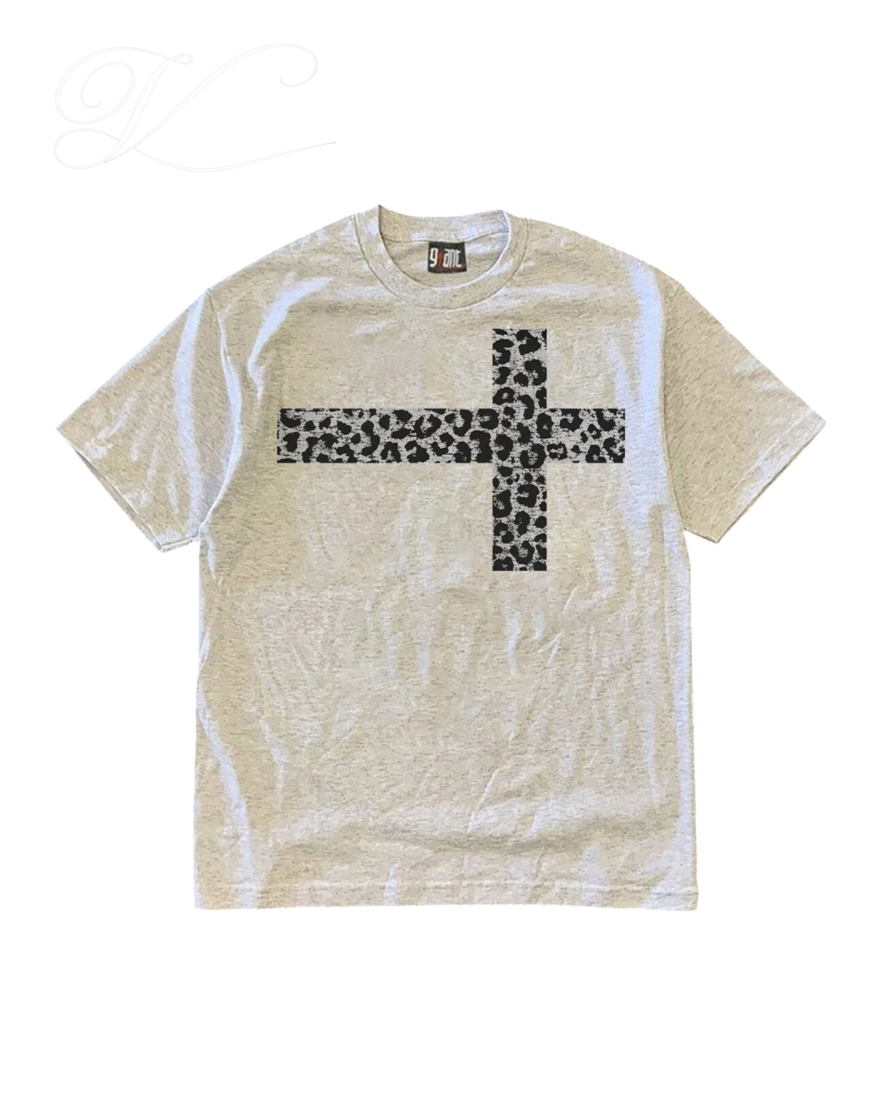 Vicious grey heavyweight cotton t-shirt with a black and grey leopard print cross graphic on the chest
