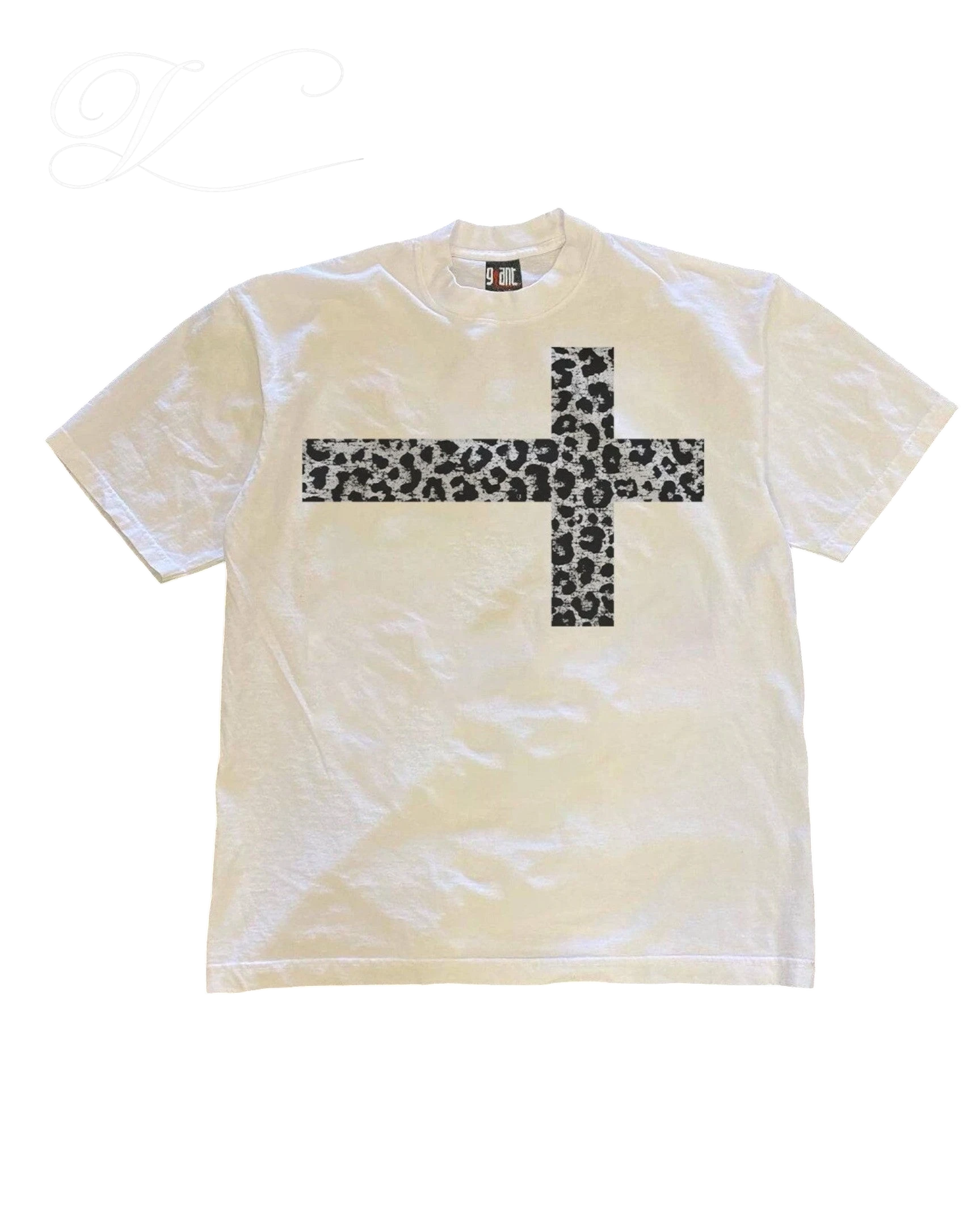 Vicious heavyweight white cotton t-shirt featuring a black and grey leopard print cross graphic on the chest