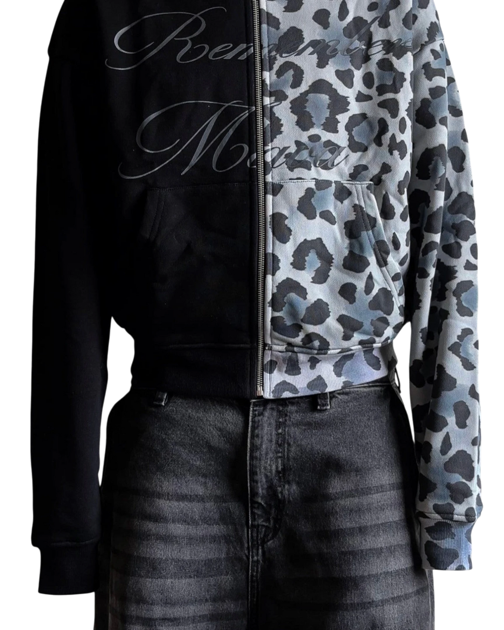 Vicious heavyweight cotton zip-up jacket with black and grey leopard print patchwork design and script embroidery
