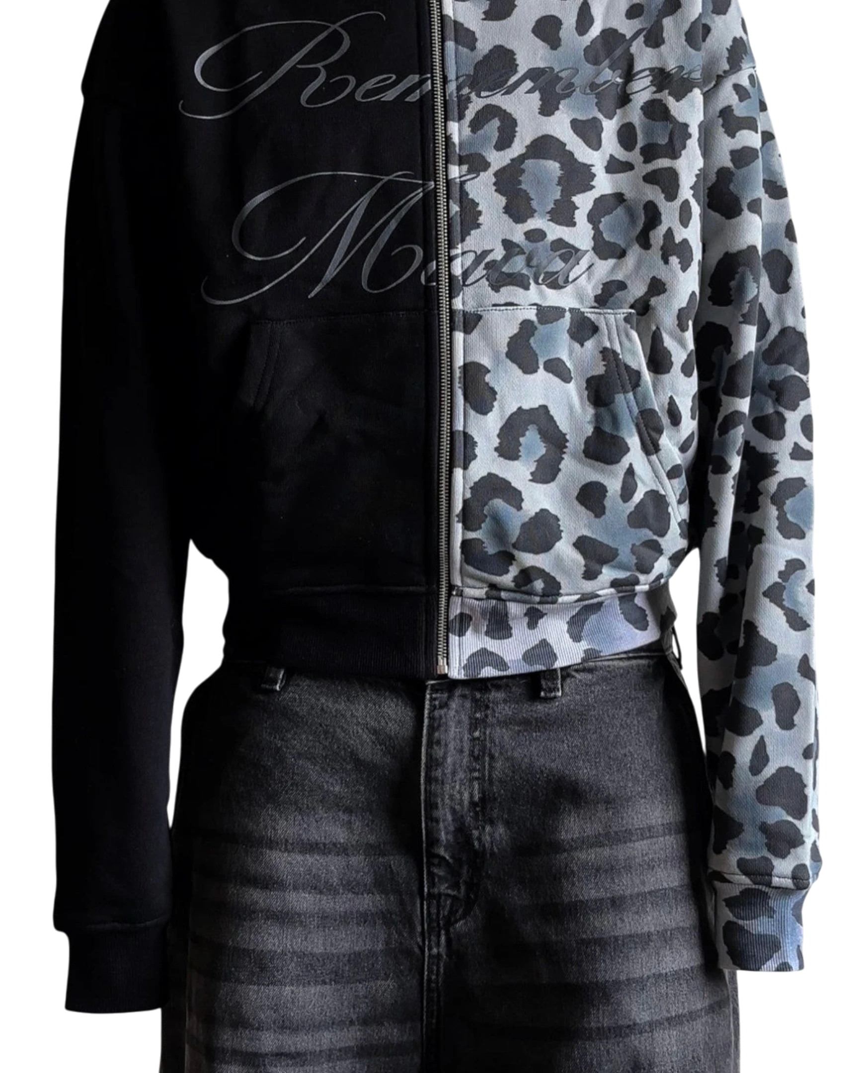 Vicious heavyweight cotton zip-up jacket with black and grey leopard print patchwork design and script embroidery