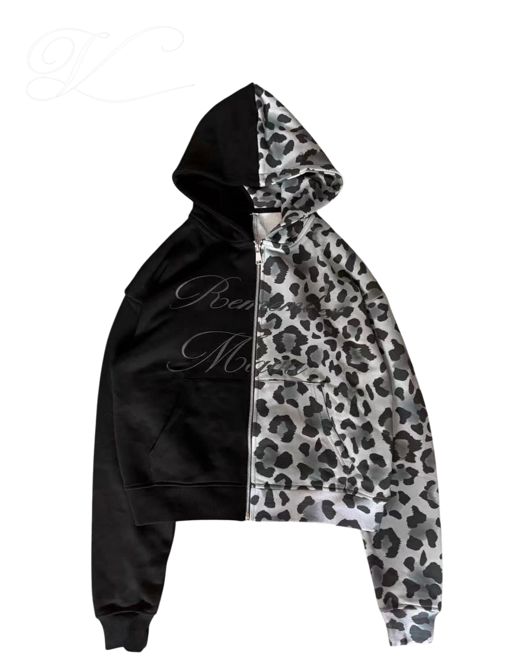 Vicious heavyweight cotton zip-up hoodie featuring a black and grey leopard print yin-yang patchwork design.