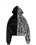Vicious heavyweight cotton zip-up hoodie featuring a black and grey leopard print yin-yang patchwork design.