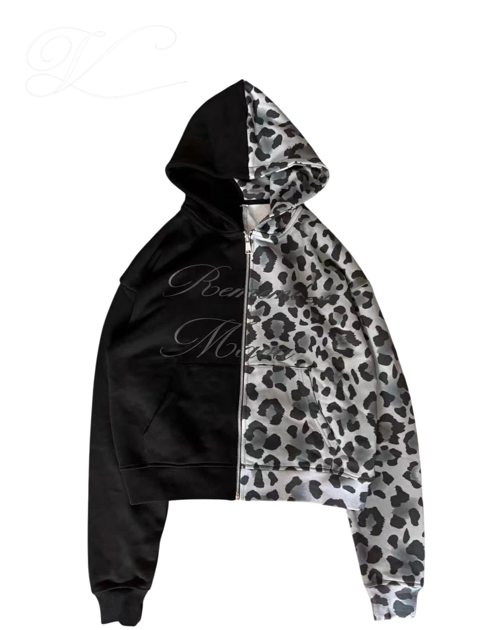 Vicious heavyweight cotton zip-up hoodie featuring a black and grey leopard print yin-yang patchwork design.