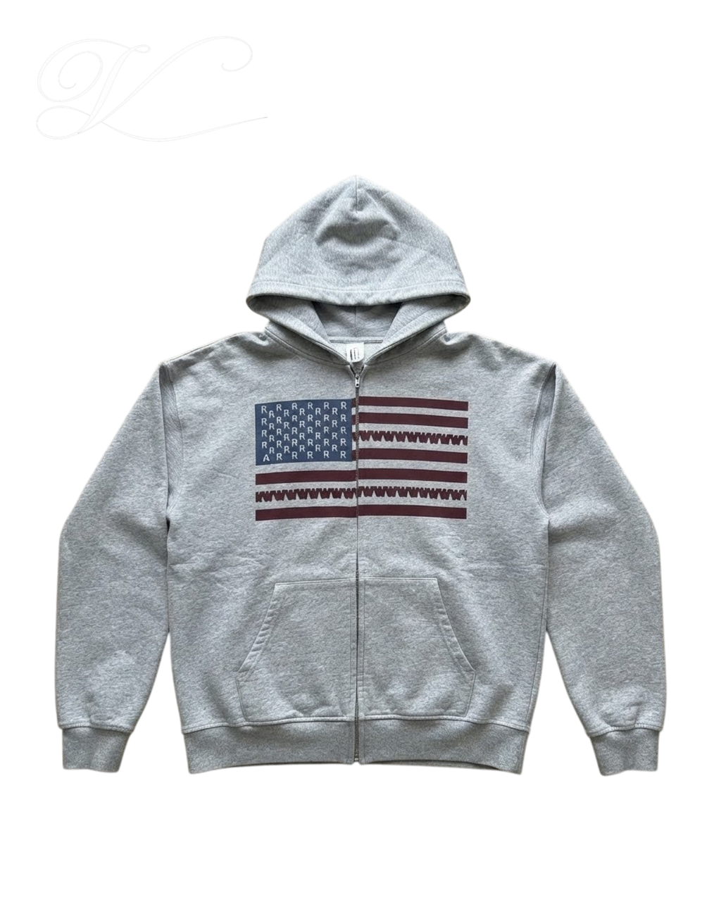 Vicious Liberty grey oversized zip-up hoodie featuring a USA flag print on the chest and maroon stars on the hood.