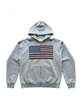 Vicious Liberty grey oversized zip-up hoodie featuring a USA flag print on the chest and maroon stars on the hood.