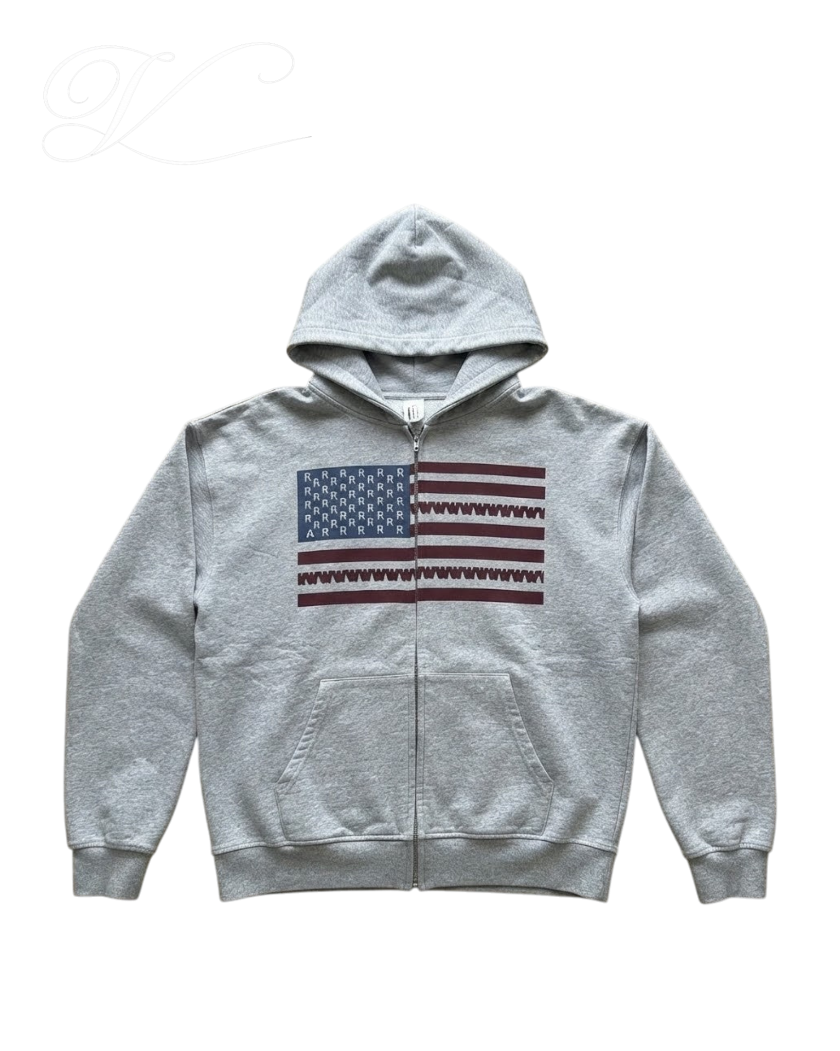 Vicious Liberty grey oversized zip-up hoodie featuring a USA flag print on the chest and maroon stars on the hood.