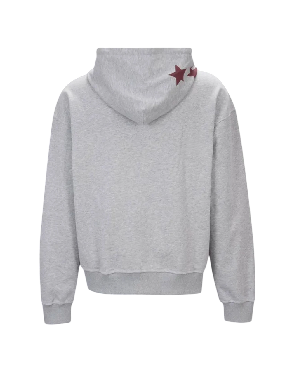 Vicious Liberty Hoodie in Grau aus schwerer Baumwolle mit weinroten Sternen auf der Kapuze, Rückansicht.