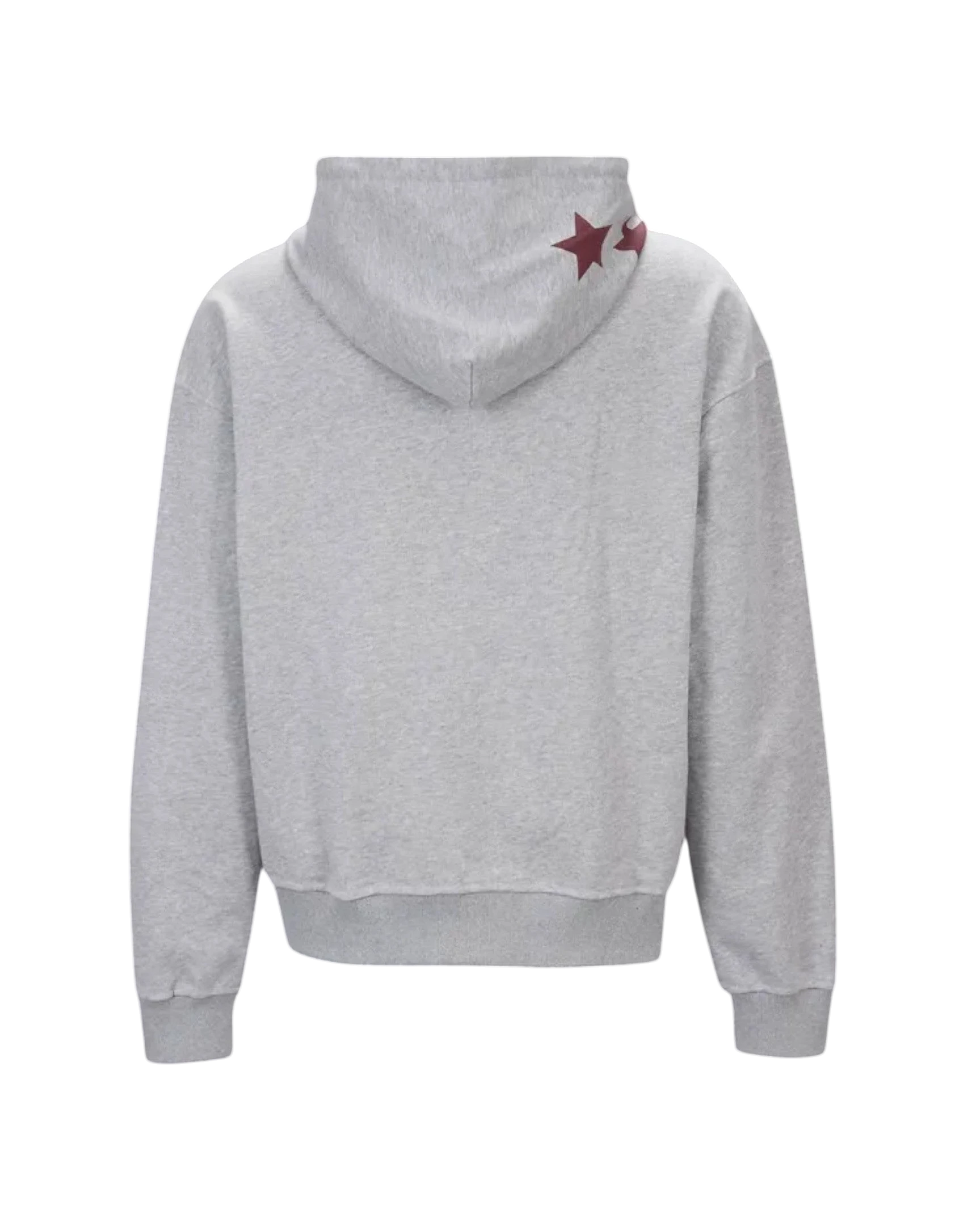 Vicious Liberty Hoodie in Grau aus schwerer Baumwolle mit weinroten Sternen auf der Kapuze, Rückansicht.
