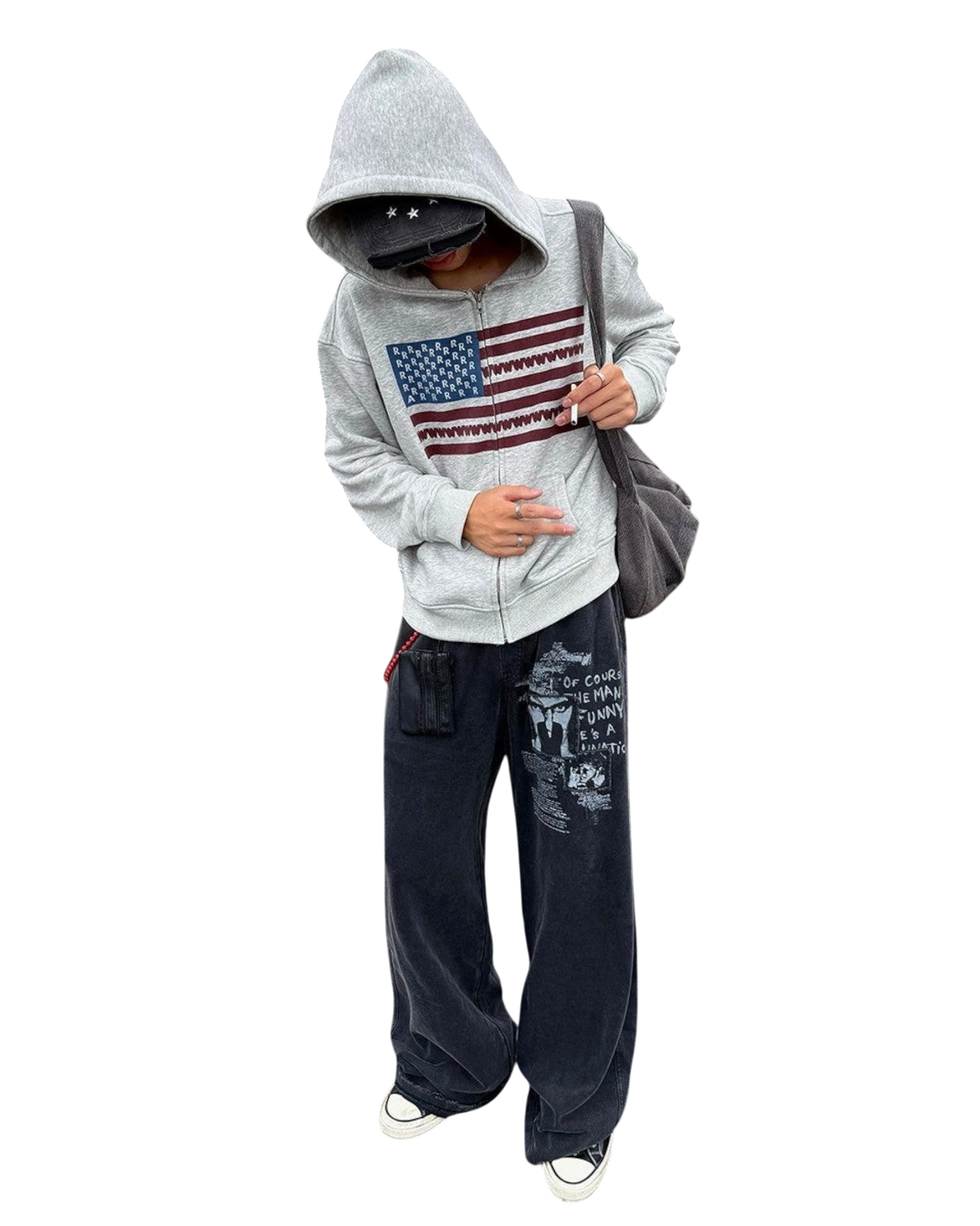 Vicious Liberty Hoodie in Grau aus schwerer Baumwolle mit USA-Flaggen-Print und weinroten Sternen auf der Kapuze