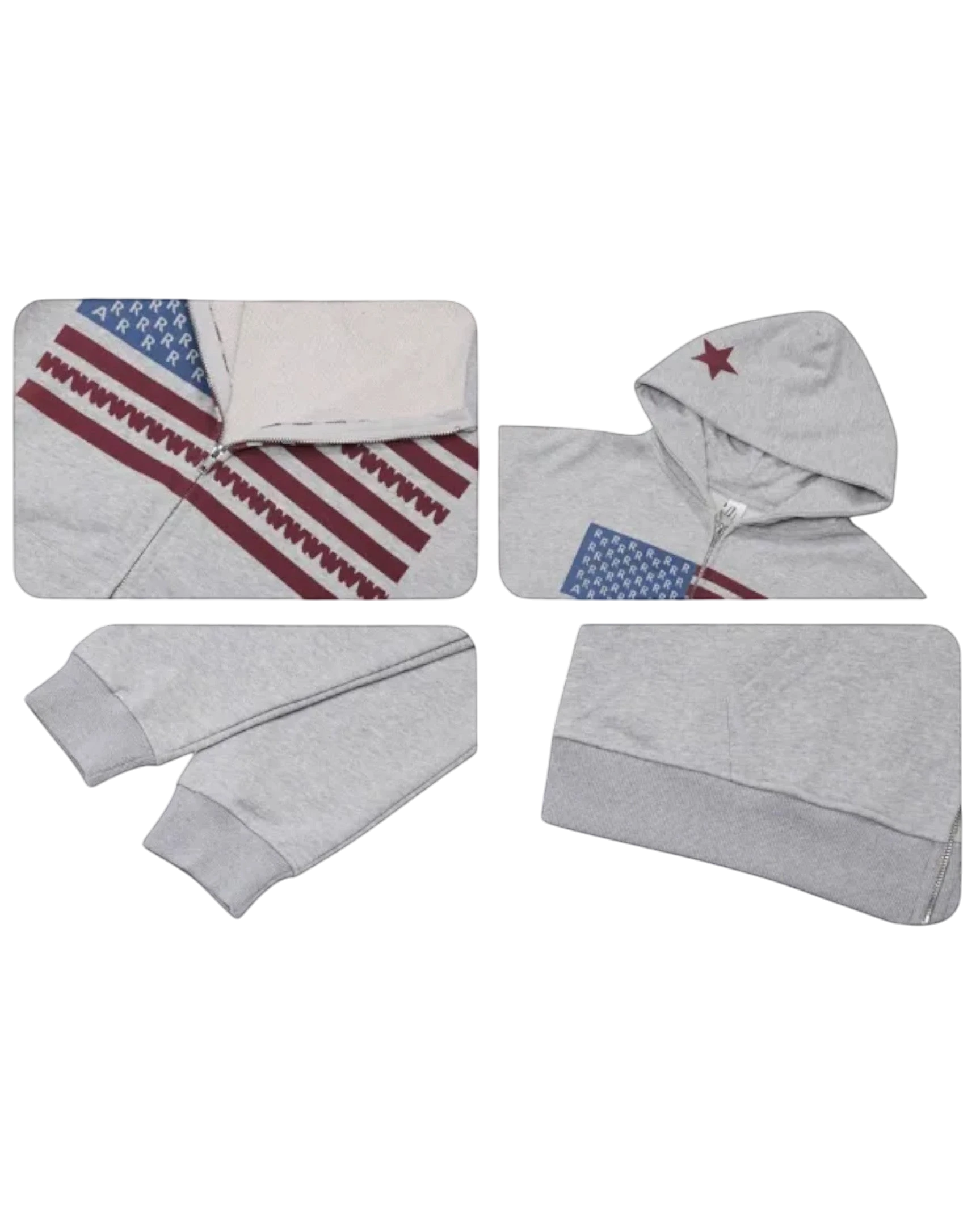 Vicious Liberty Hoodie in Grau aus schwerer Baumwolle mit USA-Flaggen-Print und weinroten Sternen auf der Kapuze.