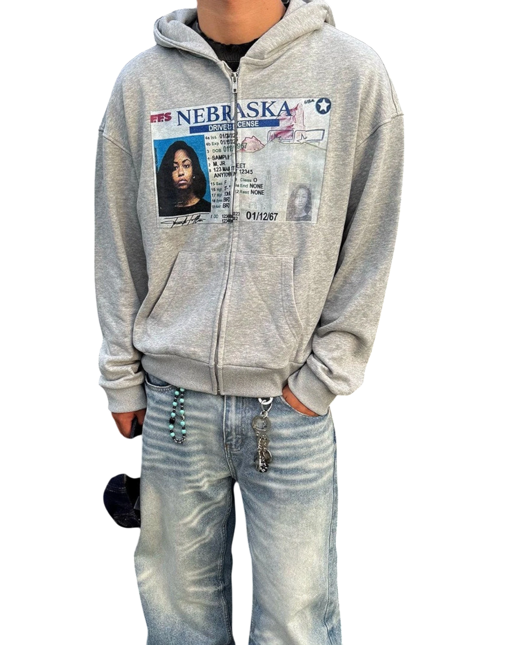 Vicious License Hoodie in Grau aus schwerer Baumwolle mit Reißverschluss und auffälligem Führerschein-Grafik-Print