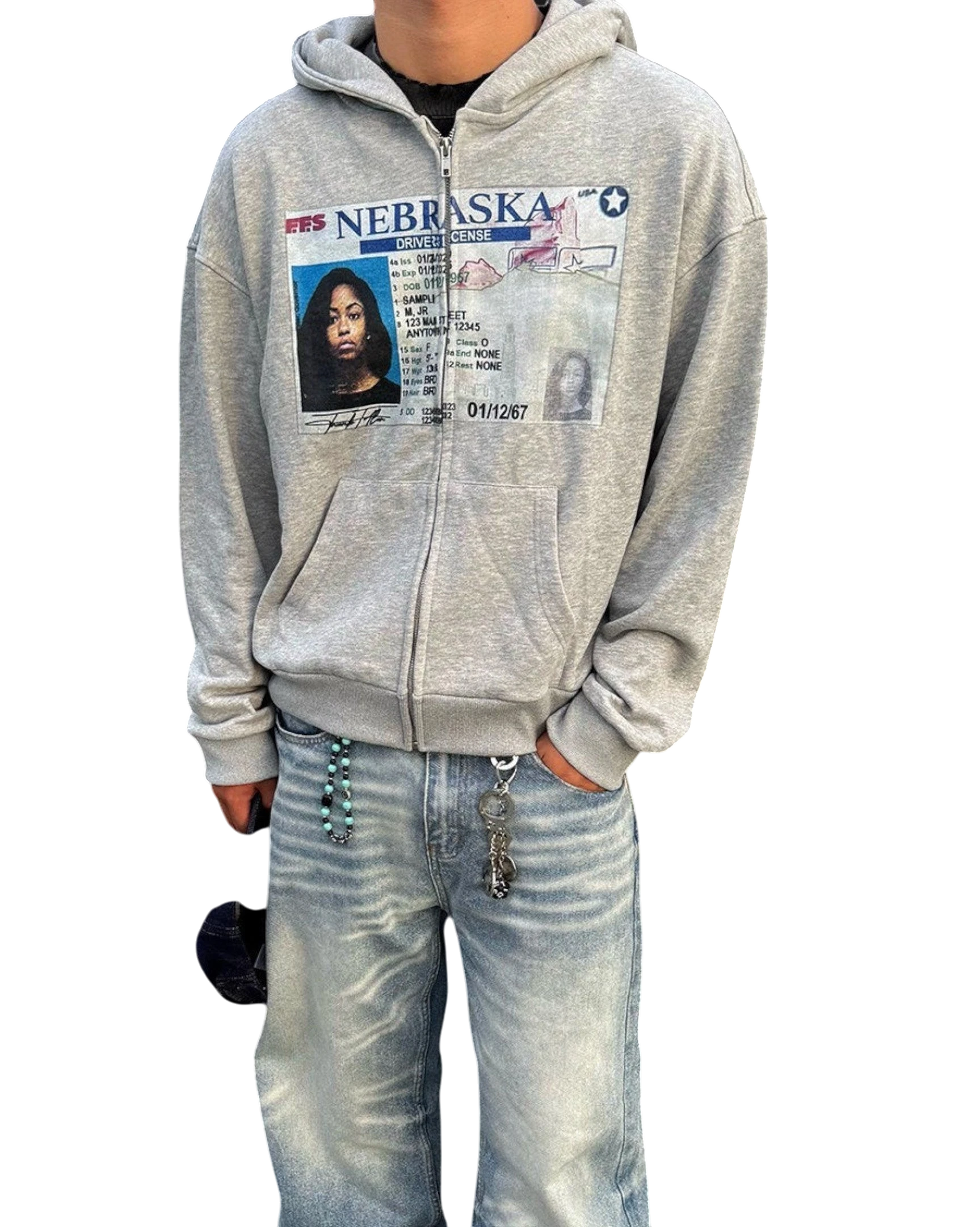 Vicious License Hoodie in Grau aus schwerer Baumwolle mit Reißverschluss und auffälligem Führerschein-Grafik-Print