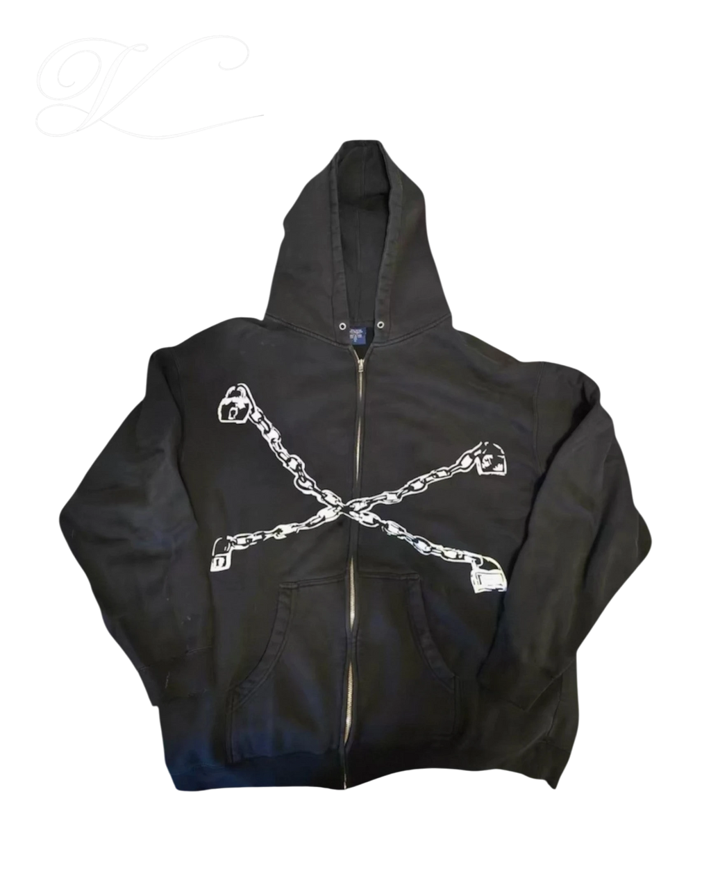 Vicious Locked Hoodie in Schwarz mit weißem Schloss- und Ketten-Print auf der Vorderseite und durchgehendem Reißverschluss