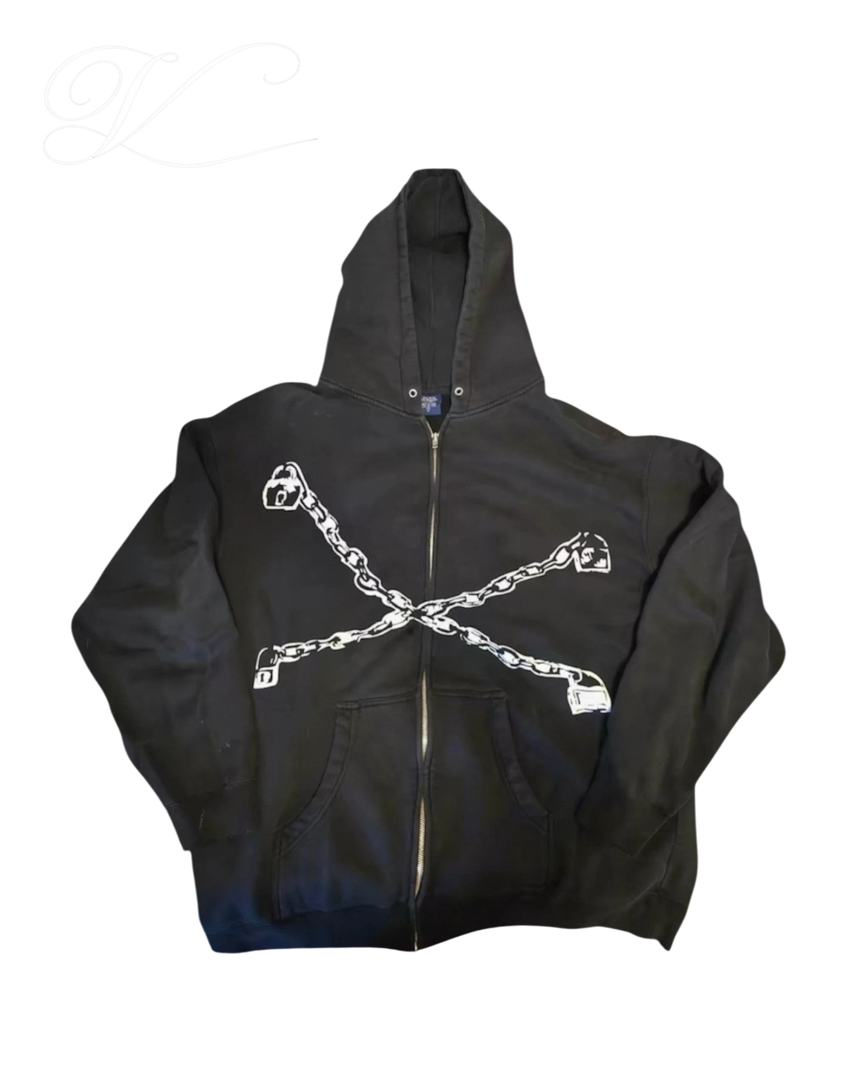 Vicious Locked Hoodie in Schwarz mit weißem Schloss- und Ketten-Print auf der Vorderseite und durchgehendem Reißverschluss