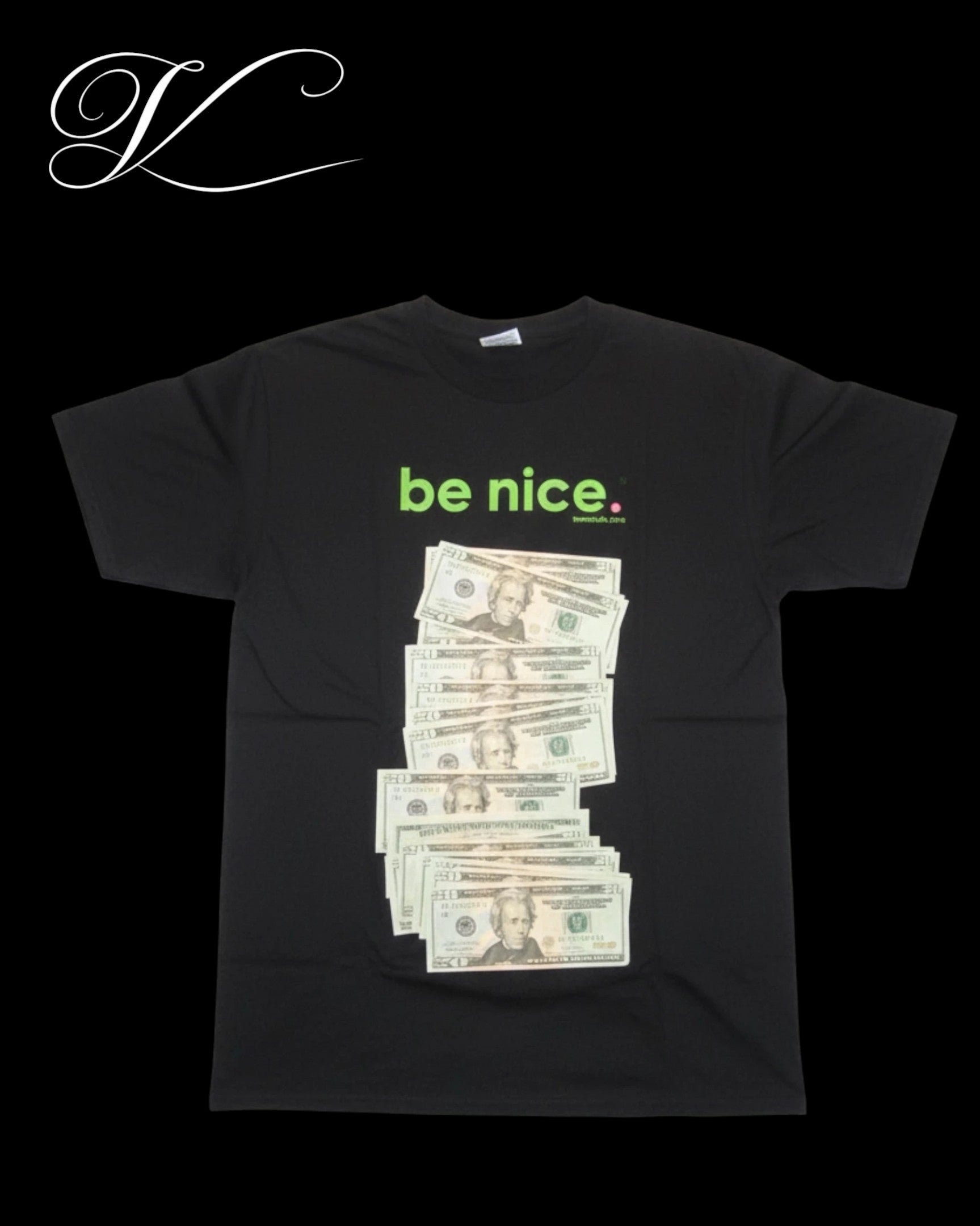 Vicious Money Talks black cotton t-shirt with a front graphic print of stacked dollar bills and green be nice text