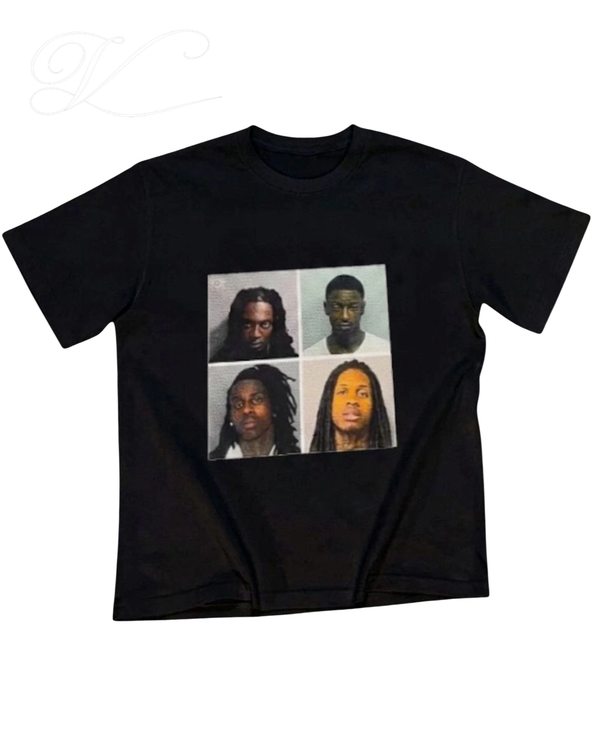 Vicious Mugshot Tee in black cotton with a boxy fit, crew neckline, and a digital photo print of four mugshots.